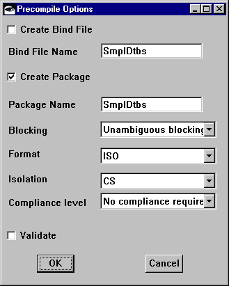 Package Specifications Options window