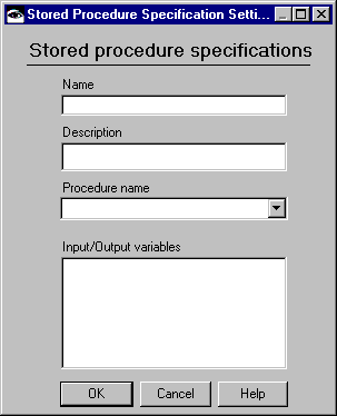 Stored Procedure Specification Settings window