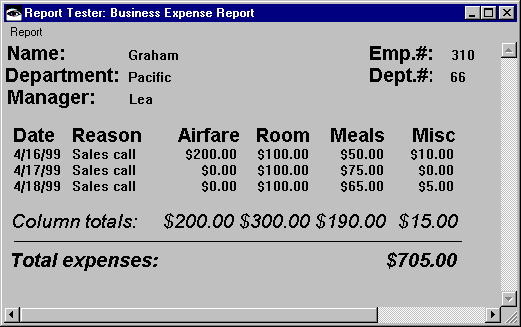 Business Expense Reporting application in the Report Tester