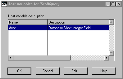 Host Variables window Host Variables window