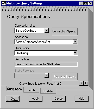 Multi-row Query Settings window Multi-row Query Settings window