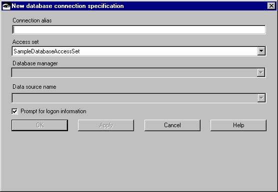 New Connection Specification window New Connection Specification window