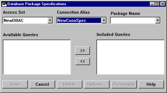 Database package specifications window Database package specifications window