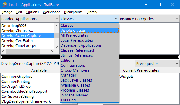 Visible Classes menu Visible Classes menu