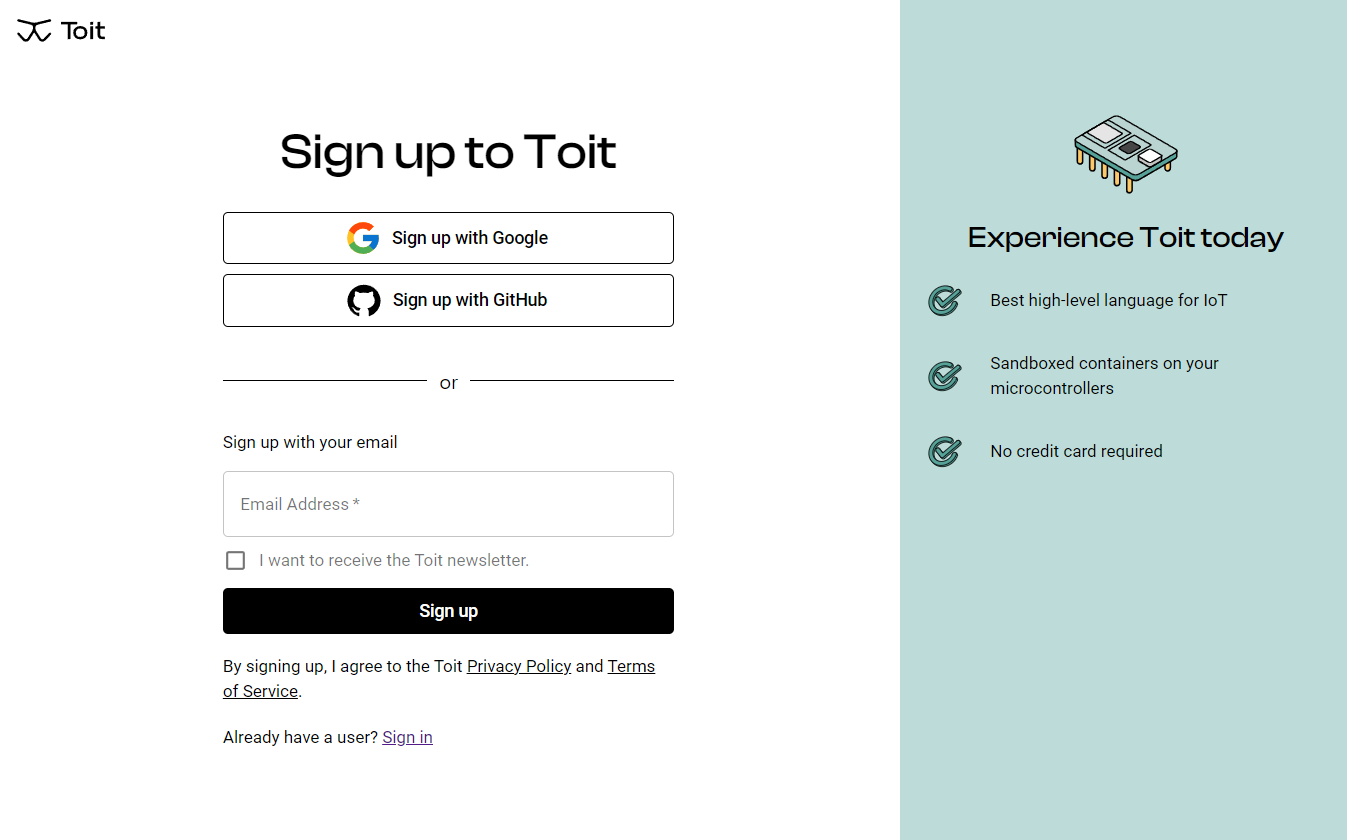 Sign up page for Toit